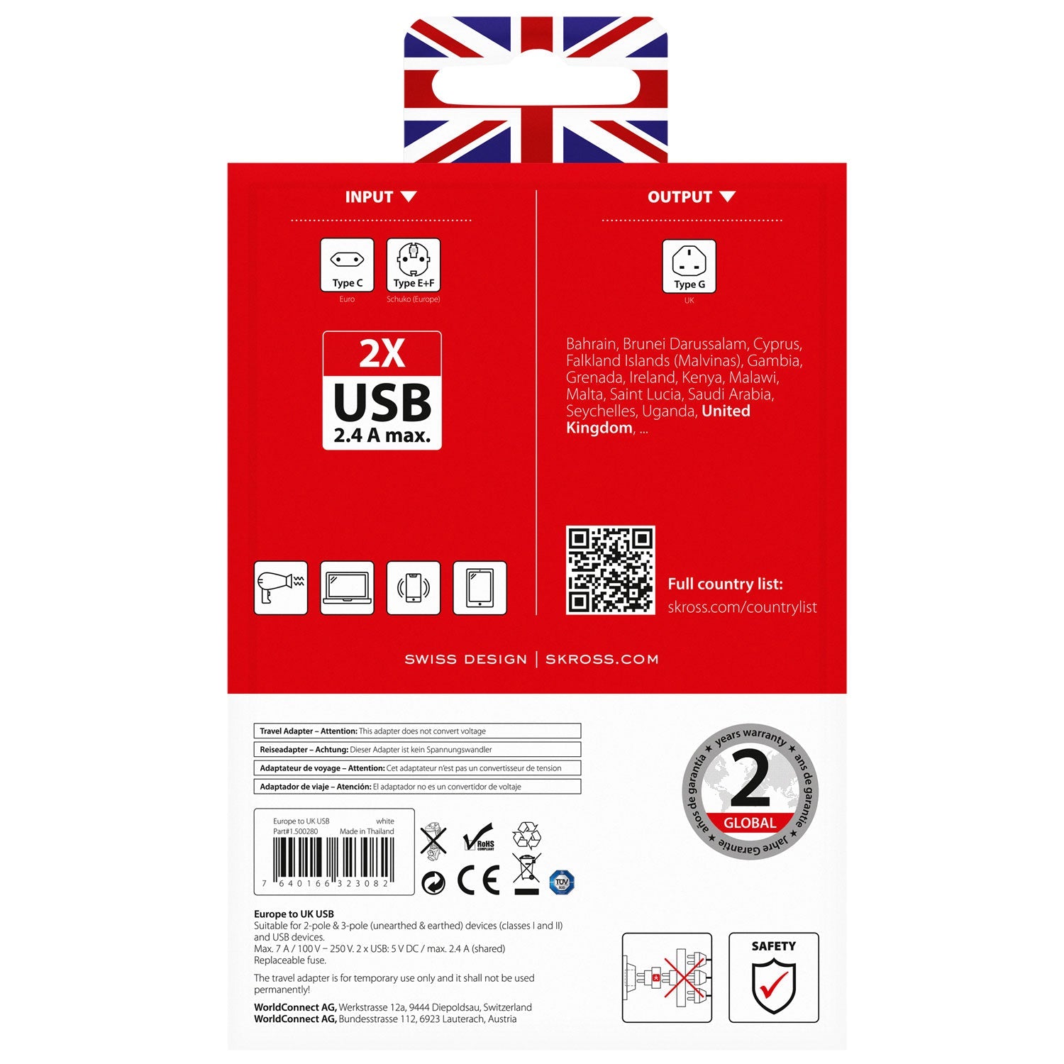 SKROSS - Reseadapter Europa till UK m.fl. 2xUSB-A 12W Jordad - Travels And Bags